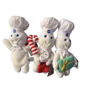 3 Vtg Pillsbury Doughboy Mini 6" Plush Stuffed Bean Bag Doll Toy Holiday